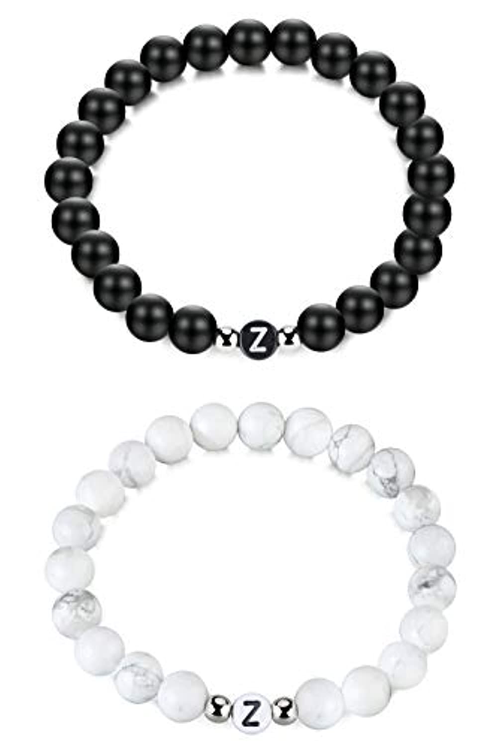 FIBO STEEL - Juego de 2 pulseras de cuentas iniciales para hombres y mujeres, pareja personalizada, novios, novias, regalos y pulseras elásticas