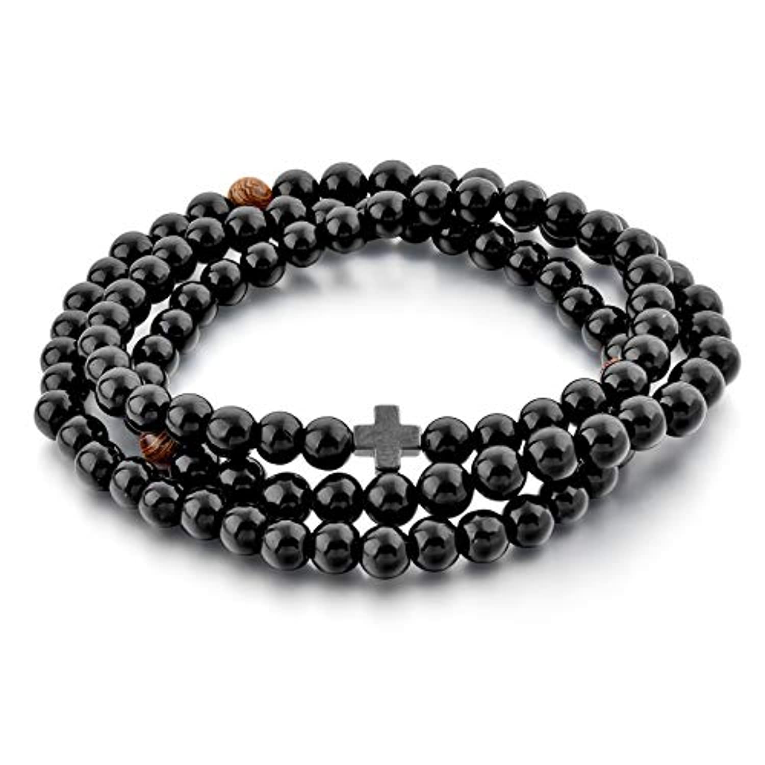 Pulsera de cuentas de oración cristiana de 0.236 in, 100 cuentas negras + 3 cuentas de madera y cruz, para mujeres, hombres y niños