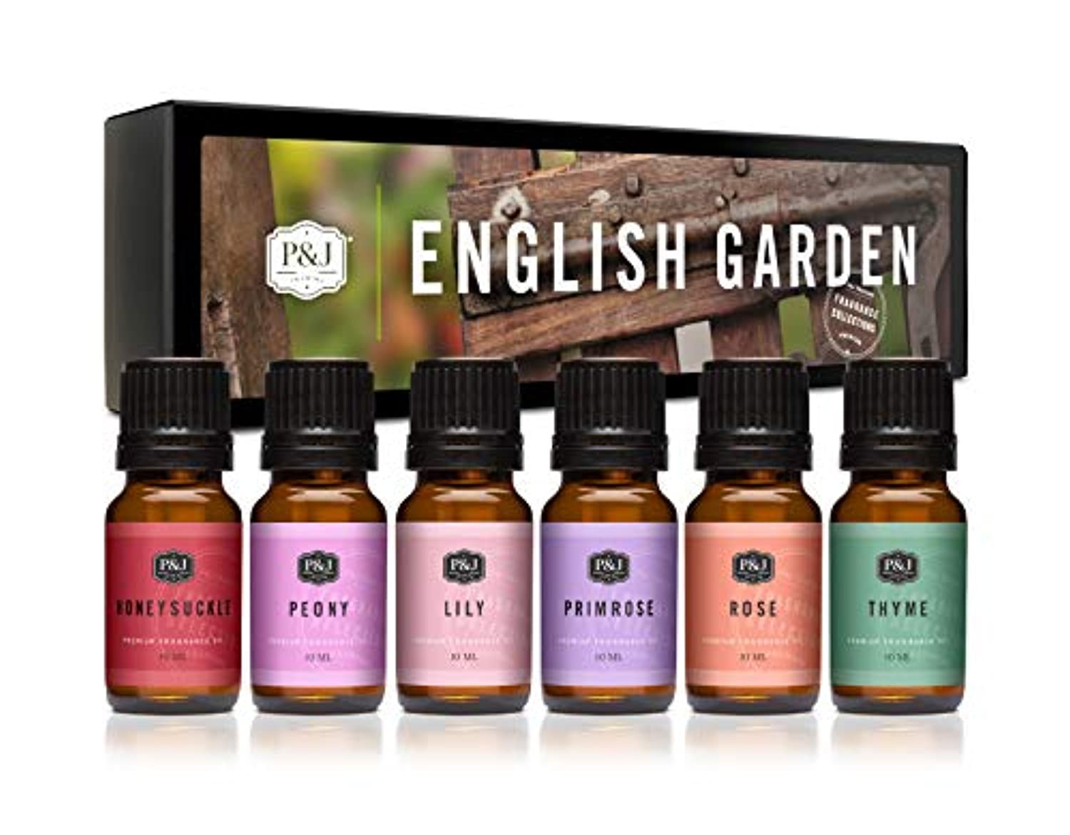 English Garden Juego de 6 aceites aromáticos – Aceite perfumado de primera calidad, 0.3 fl oz, rosa, madreselva, tomillo, primrosa, lirio, peonías