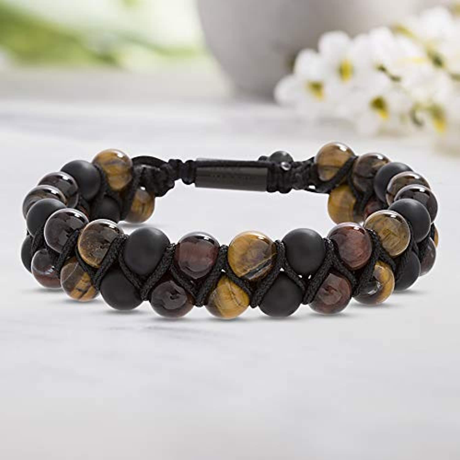 Steve Madden - Pulsera ajustable de doble cuenta con ojo de tigre de imitación marrón para hombre, acero inoxidable chapado en IP negro, color negro