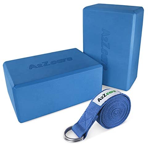 A2ZCARE Bloques de yoga (juego de 2) y correa de yoga con anillo en D, bloque de espuma de yoga de 8.7 x 5.9 x 3.9 in y correa de estiramiento de yoga