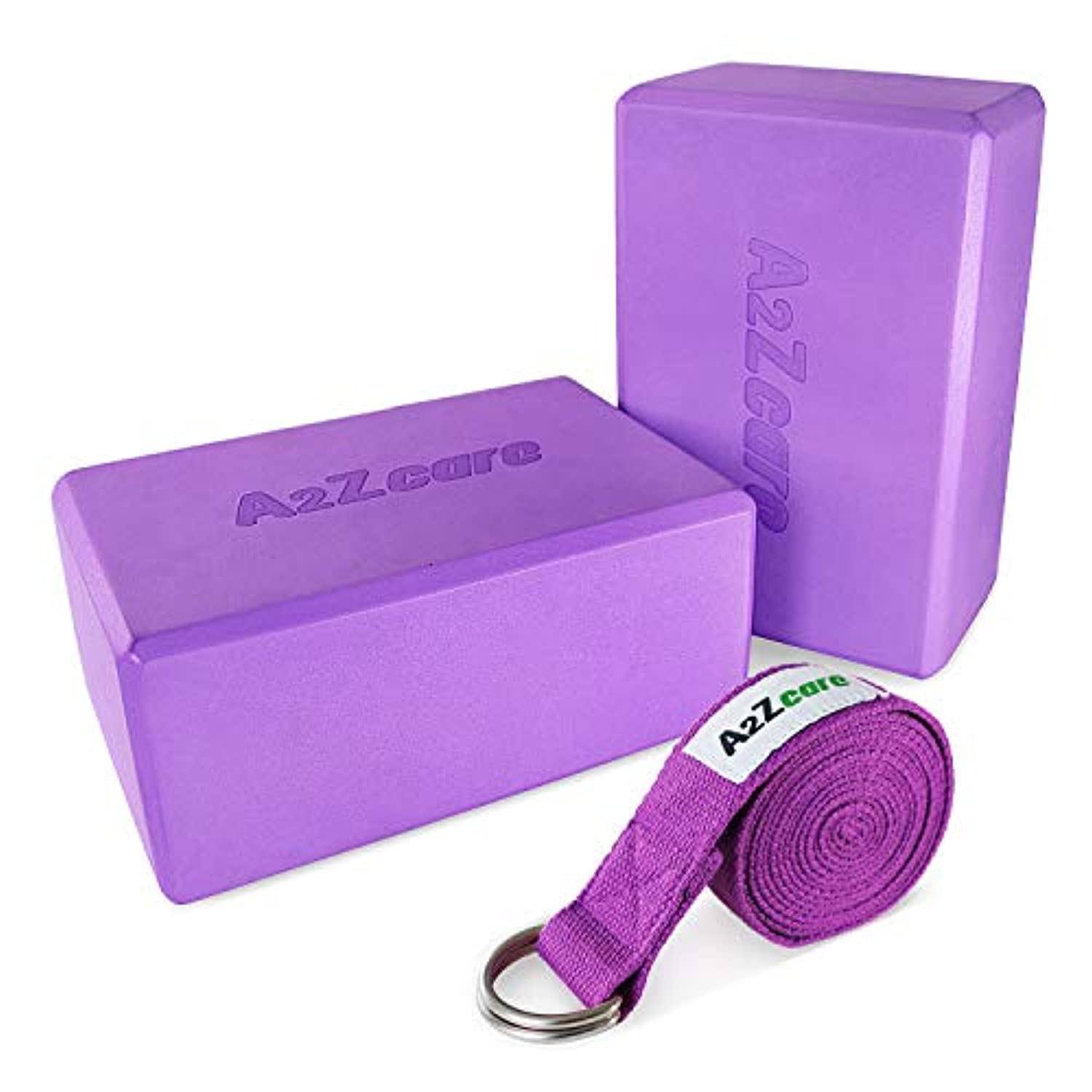 A2ZCARE Bloques de yoga (juego de 2) y correa de yoga con anillo en D, bloque de espuma de yoga de 8.7 x 5.9 x 3.9 in y correa de estiramiento de yoga