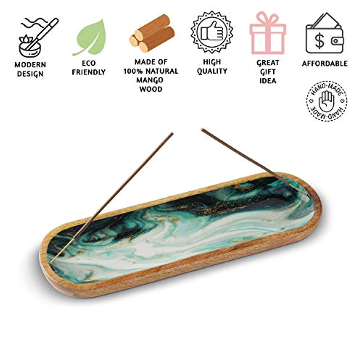 Folkulture - Soporte para quemador de incienso o insence para decoración del hogar, bandeja de madera de 12.0 in de largo para palos, madera de mango, ágata verde
