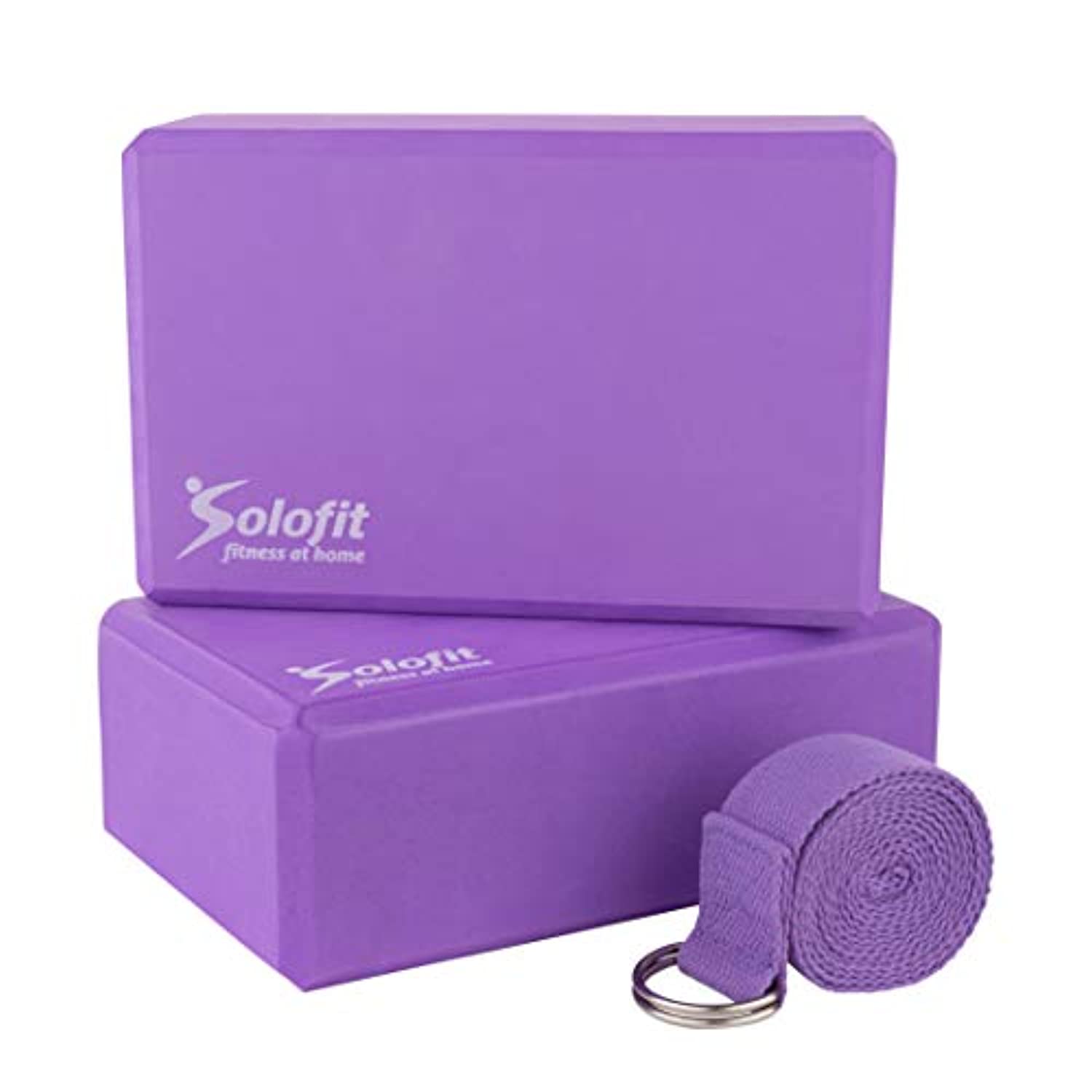 Solofit Bloques de yoga (2) con correa de yoga de 5.9 ft – Bloques de espuma EVA de alta densidad para estiramiento, equilibrio, pilates, bailarines, flexibilidad, mejora la fuerza, ayuda a la flexibilidad y apoyo profundas poses
