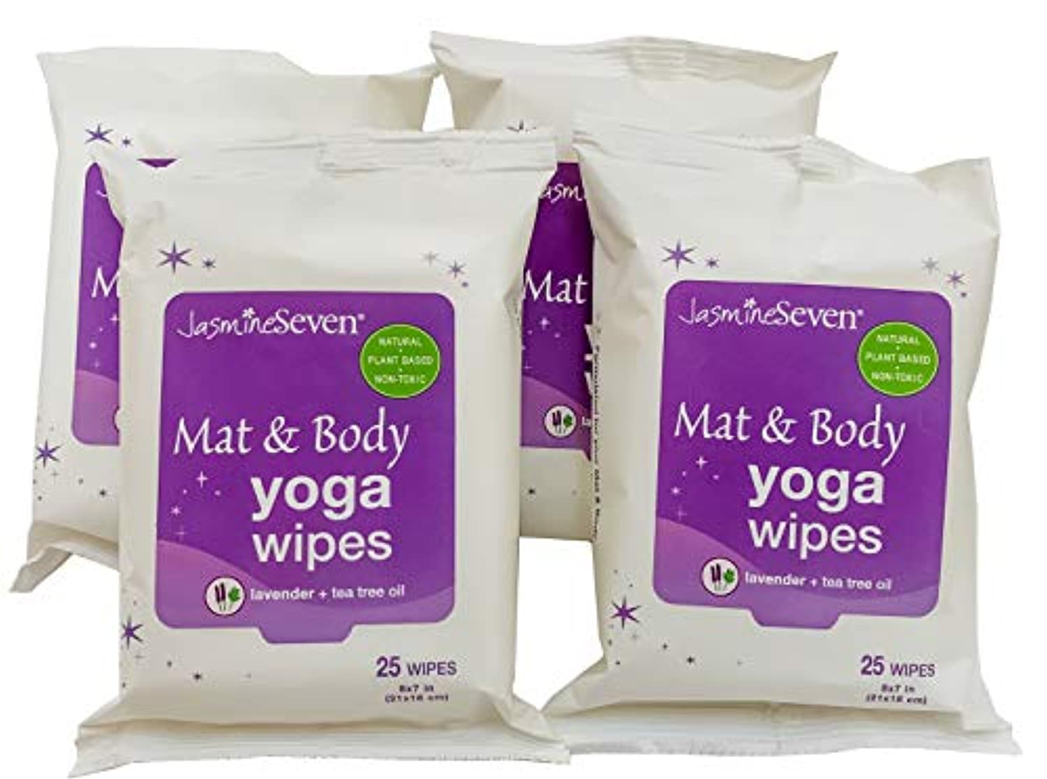 Toallitas de yoga para estera y cuerpo – Lavanda natural y árbol de té – Juego de 4 (25 toallitas por paquete) = 100 toallitas – por Jasmine Seven – para el hogar, estudio, gimnasio, viajes