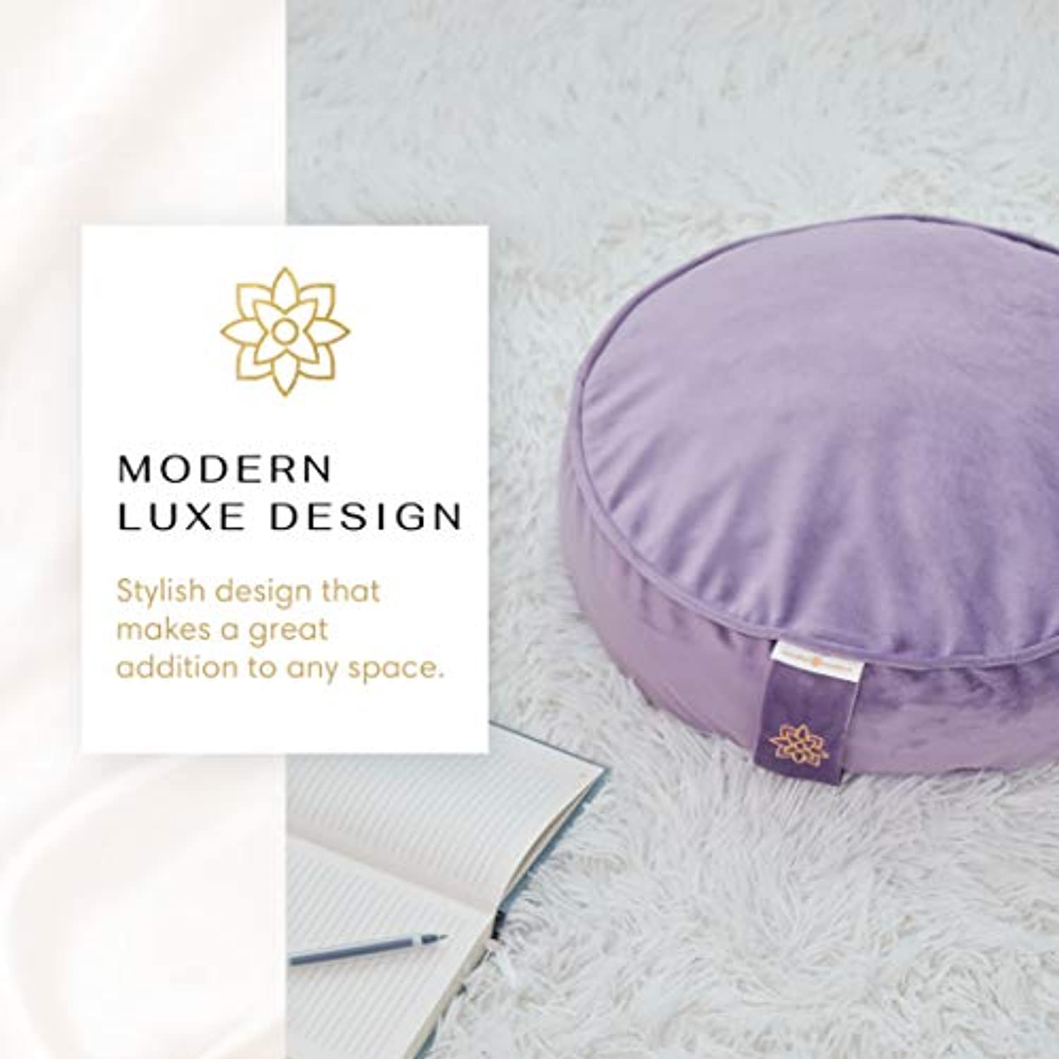 Cojín de meditación de terciopelo Mindful and Modern – Almohada de lujo Zafu para yoga – Almohada grande de meditación de trigo sarraceno con funda extraíble de lujo en seis colores
