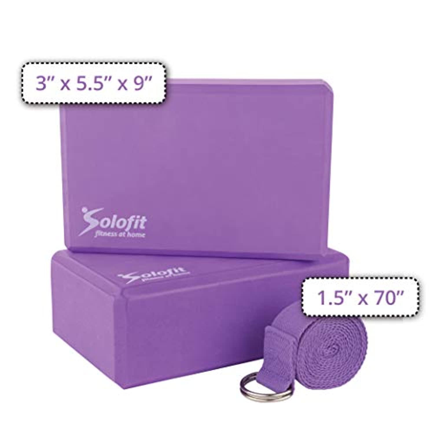 Solofit Bloques de yoga (2) con correa de yoga de 5.9 ft – Bloques de espuma EVA de alta densidad para estiramiento, equilibrio, pilates, bailarines, flexibilidad, mejora la fuerza, ayuda a la flexibilidad y apoyo profundas poses
