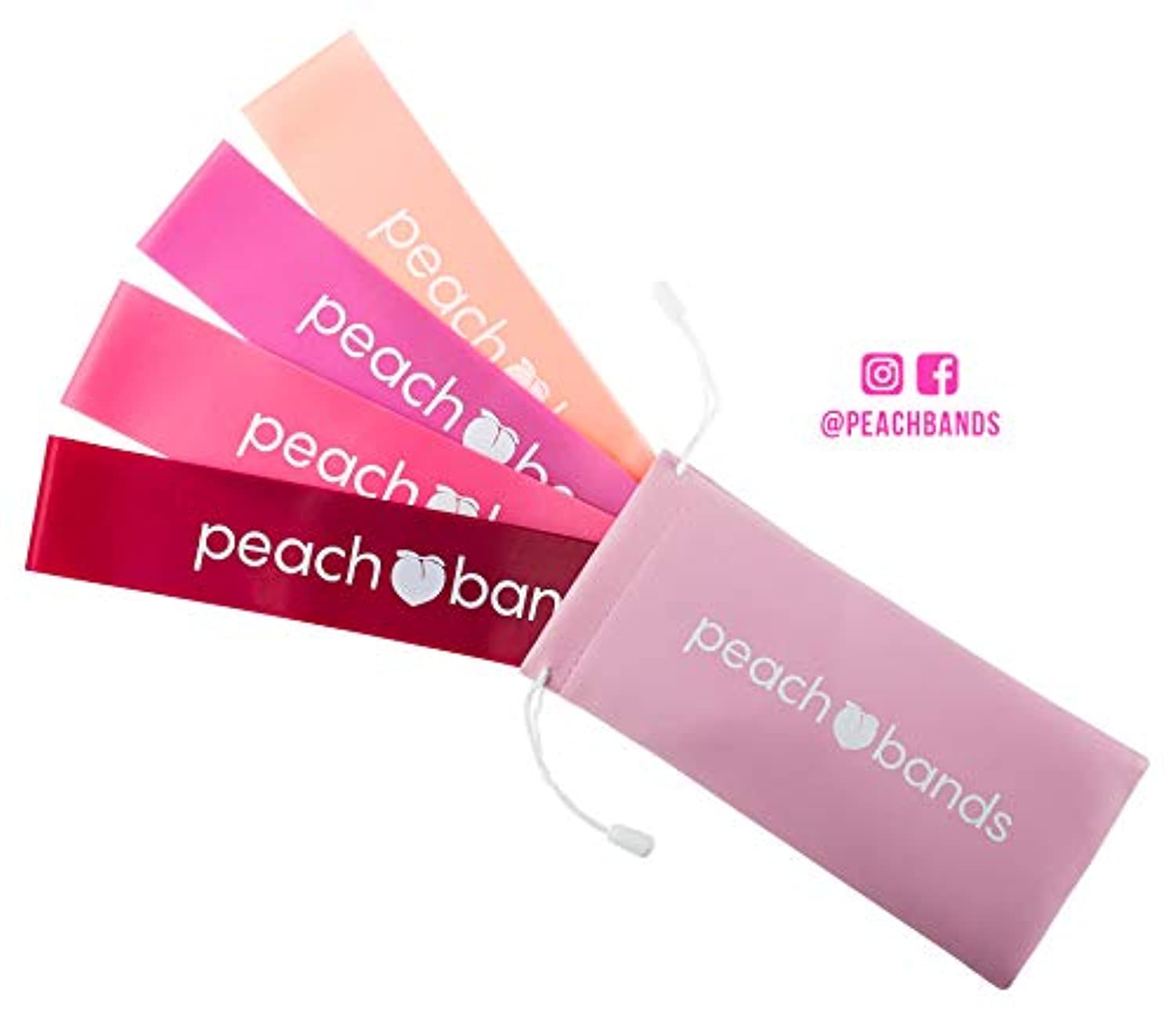 Peach Bands. Cinta elástica de resistencia de primera calidad en color rosa. Juego de 4 con bolsa de transporte. Bandas de resistencia para piernas y glúteos, para entrenar fuerza, resistencia y movilidad