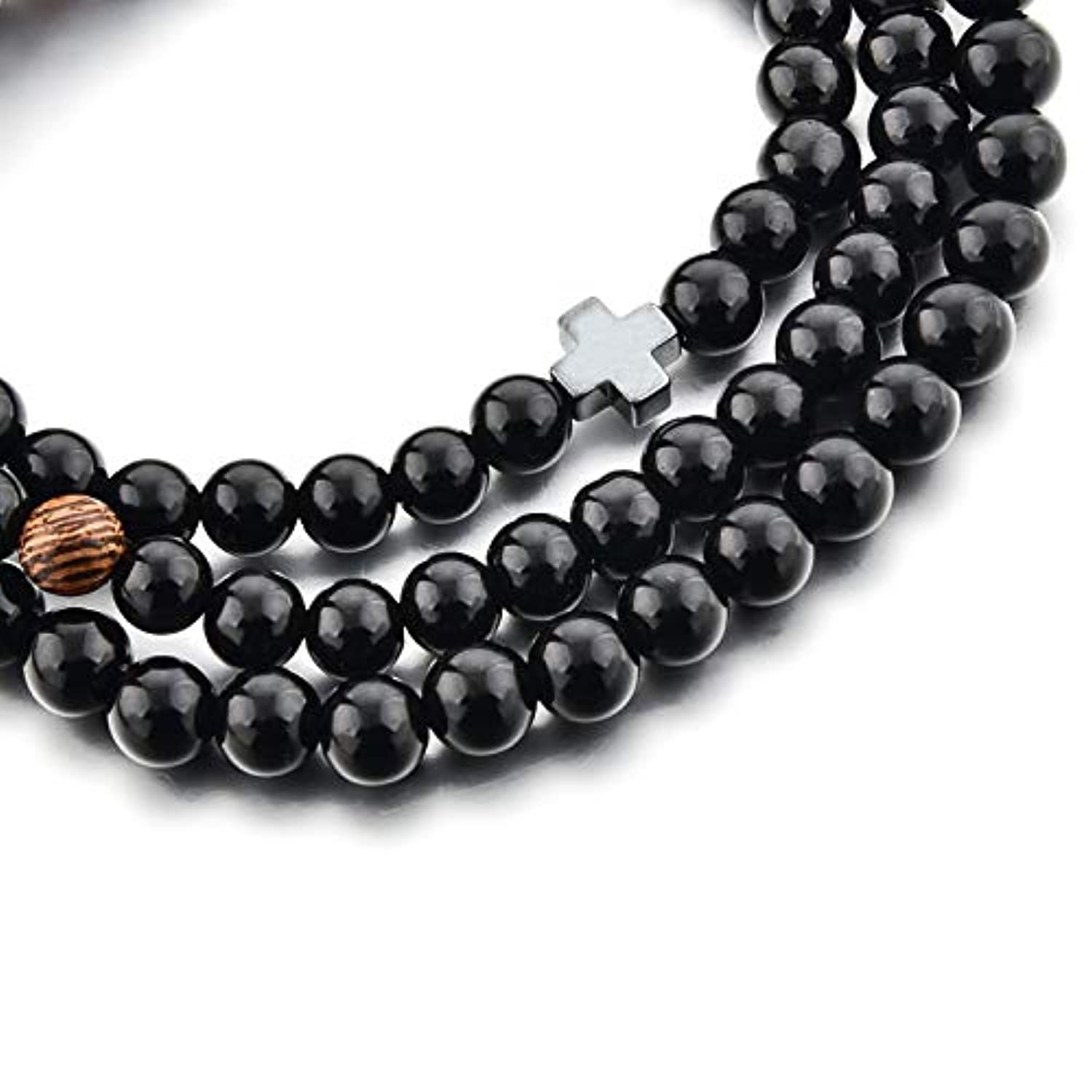 Pulsera de cuentas de oración cristiana de 0.236 in, 100 cuentas negras + 3 cuentas de madera y cruz, para mujeres, hombres y niños