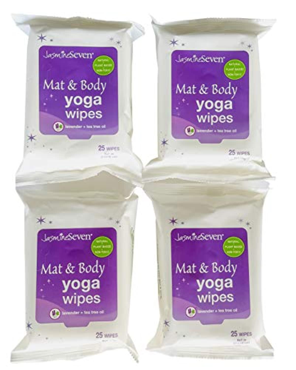 Toallitas de yoga para estera y cuerpo – Lavanda natural y árbol de té – Juego de 4 (25 toallitas por paquete) = 100 toallitas – por Jasmine Seven – para el hogar, estudio, gimnasio, viajes