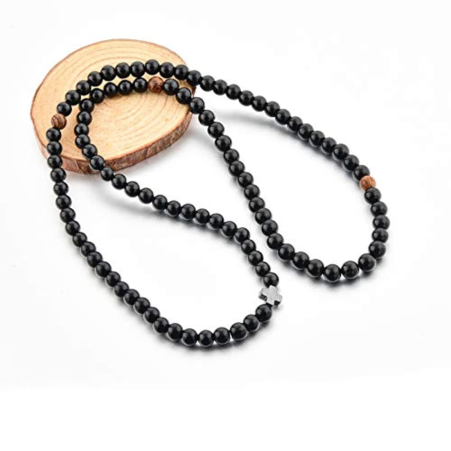 Pulsera de cuentas de oración cristiana de 0.236 in, 100 cuentas negras + 3 cuentas de madera y cruz, para mujeres, hombres y niños