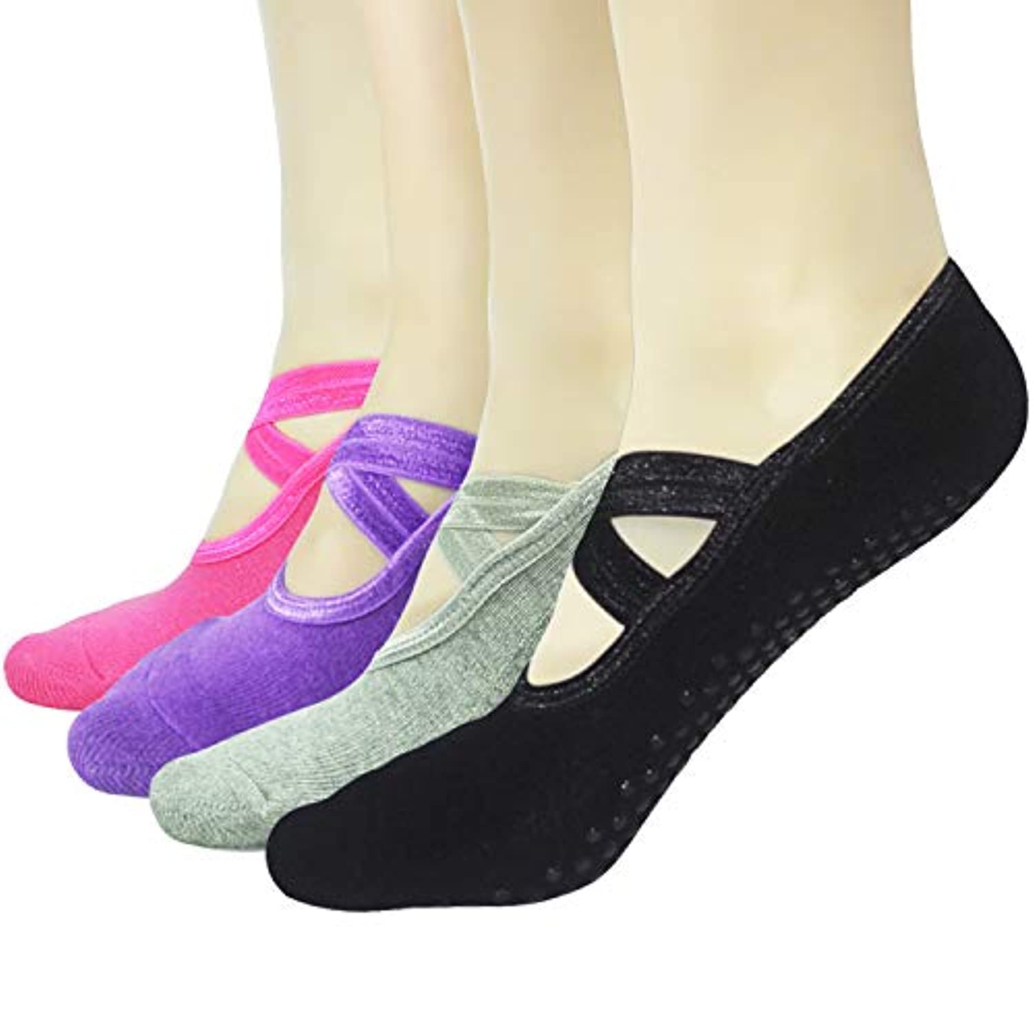 Sticky Pilates Barre Calcetines de yoga – Elutong 4 unidades antideslizantes antideslizantes con puños calcetines de ballet danza para mujer