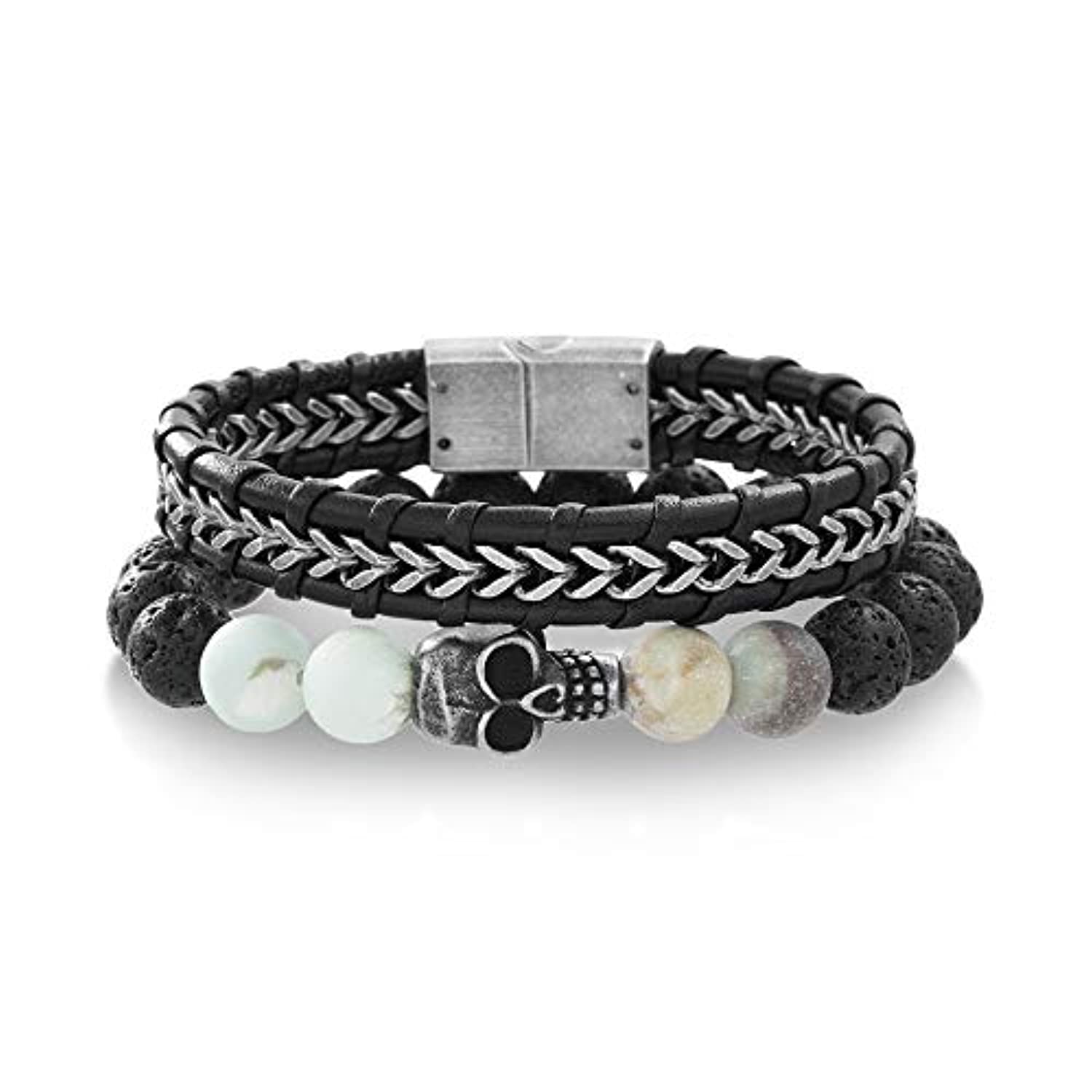 Pulsera de acero oxidado, dos tonos, cabeza de calavera en lava y cuentas de Amazon y pulsera de cuero negro para hombre (dos brazaletes)