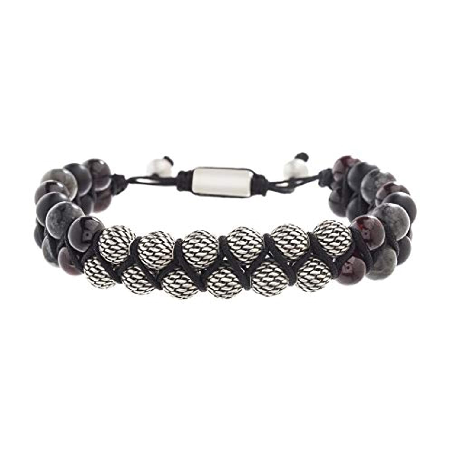 Steve Madden - Pulsera ajustable con cuentas de labradorita y granate rojo para hombre, color plateado