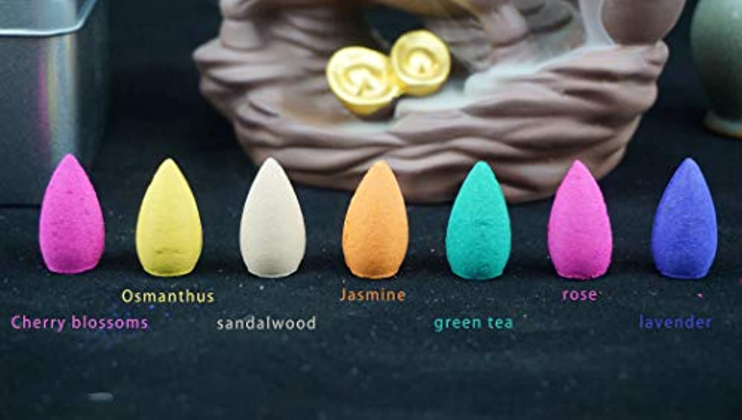 YINECO - Conos de incienso (70 unidades, 7 aromas naturales mezclados, aroma a fondo de incienso, flujo de agua, cono de incienso (embalado en caja)