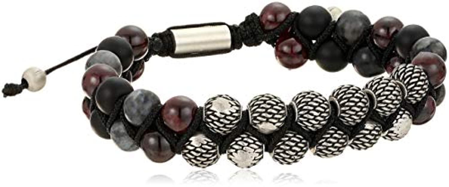 Steve Madden - Pulsera ajustable con cuentas de labradorita y granate rojo para hombre, color plateado