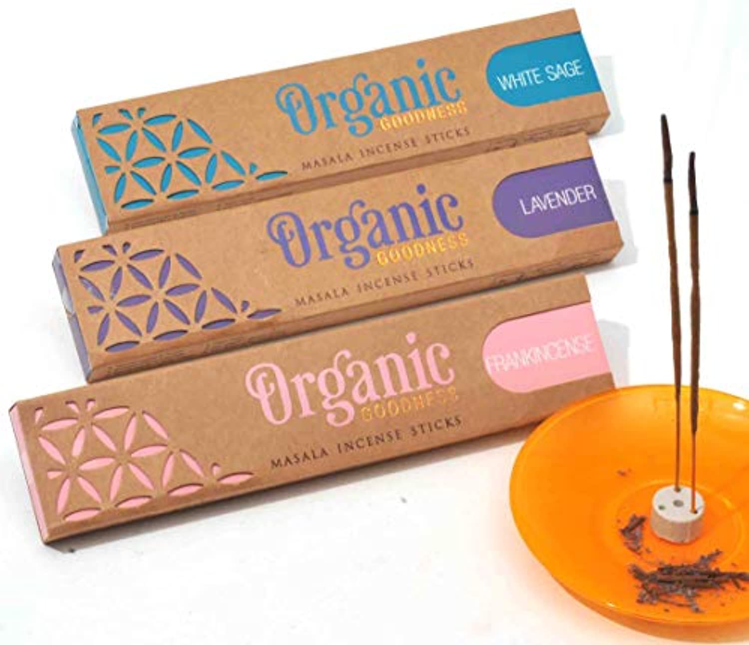 Set de 3 paquetes de varillas de incienso orgánicas de bondad, lavanda, incienso y salvia blanca, total 1.59 oz (más del 96% de materiales orgánicos utilizados) con quemador de cerámica (platillo no incluido)