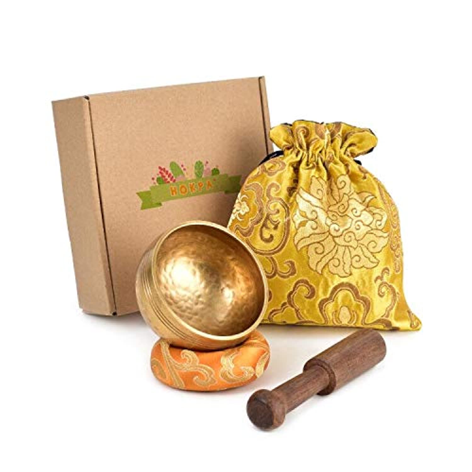 HOKPA - Juego de cuencos tibetanos para meditación, hechos a mano para sala de yoga, sala de estar con bolsa de seda dorada