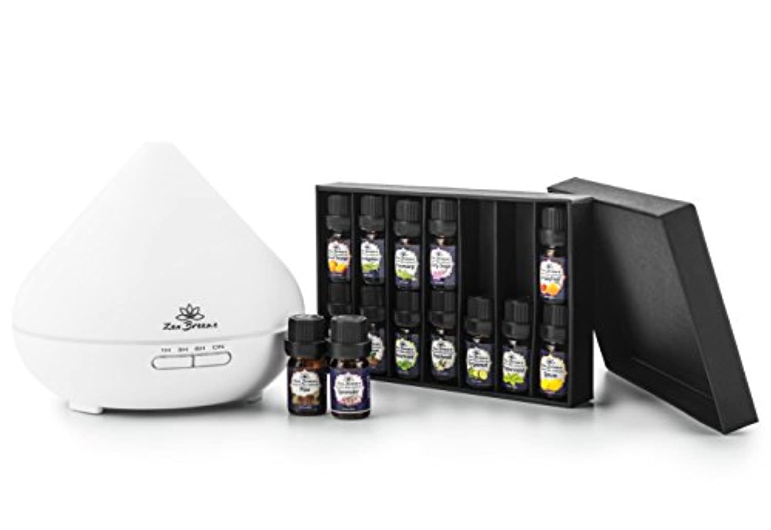 Difusor de aceites esenciales. Los mejores 14 aceites esenciales de aromaterapia. 100% Grado terapéutico puro. Lavanda, eucalipto, limón, menta, naranja dulce, árbol de té, bergamota más ocho más por Zen Breeze.