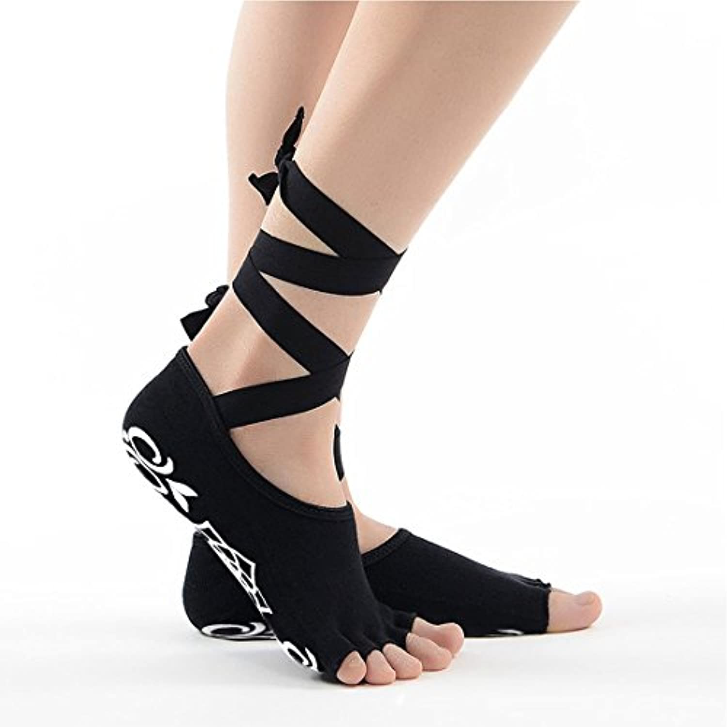RoryTory 2 pares Barre de ballet agarre antideslizante Toeless Yoga Calcetines con lazo