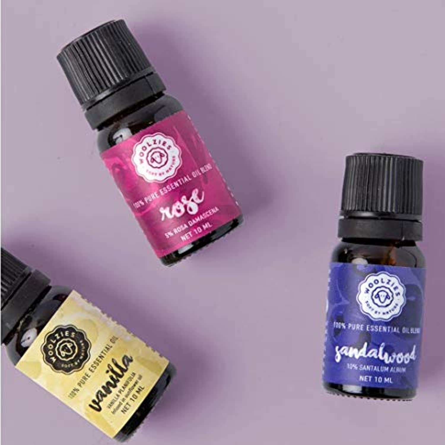 Woolzies puro, terapéutico aceite esencial Set Rosa de aceites, Premium de sándalo y vainilla