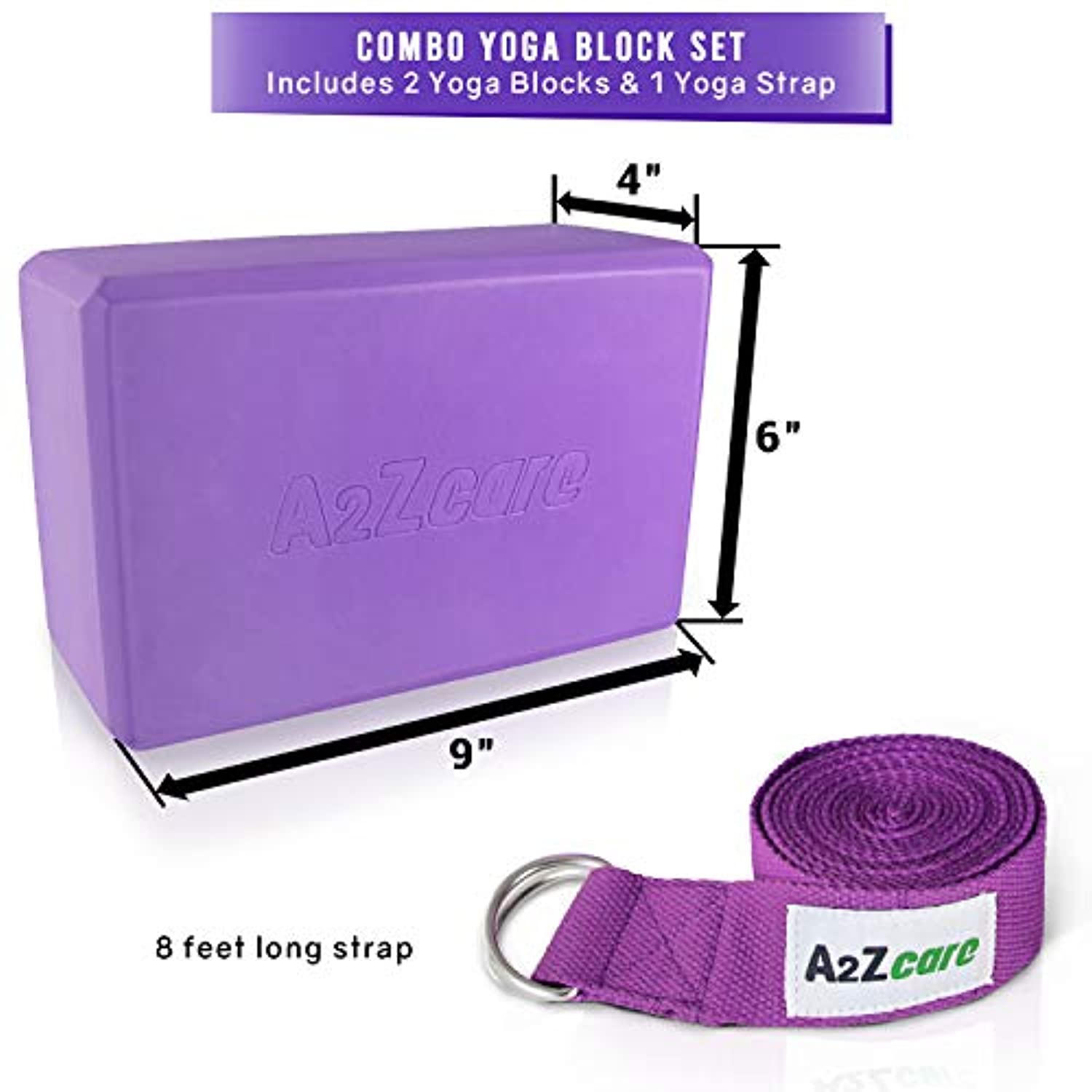 A2ZCARE Bloques de yoga (juego de 2) y correa de yoga con anillo en D, bloque de espuma de yoga de 8.7 x 5.9 x 3.9 in y correa de estiramiento de yoga