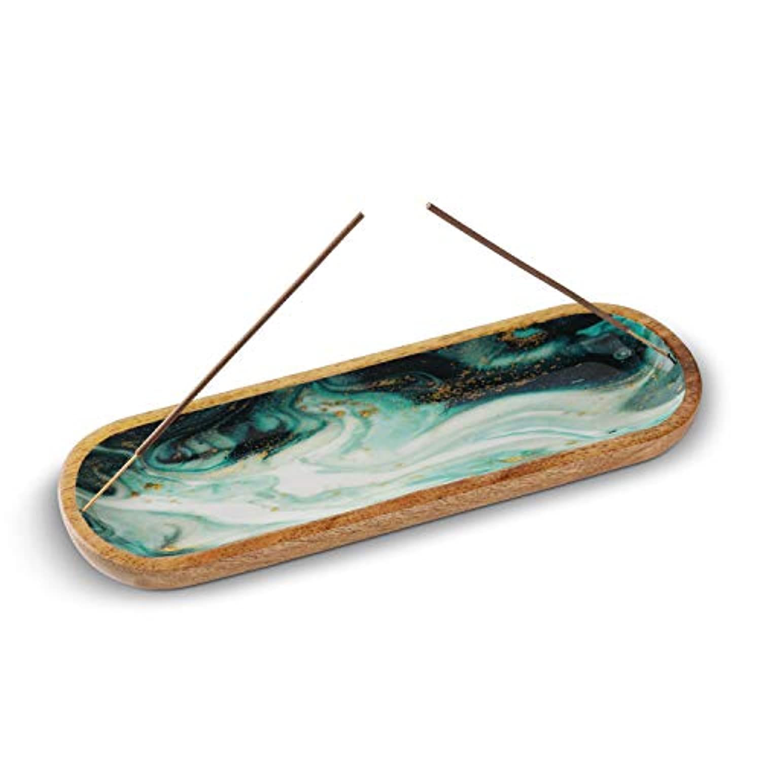 Folkulture - Soporte para quemador de incienso o insence para decoración del hogar, bandeja de madera de 12.0 in de largo para palos, madera de mango, ágata verde