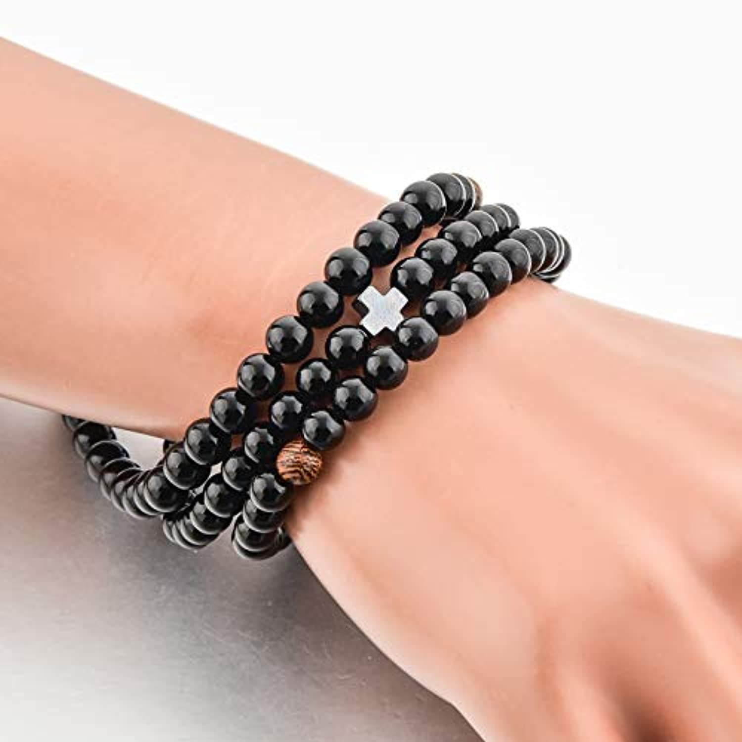 Pulsera de cuentas de oración cristiana de 0.236 in, 100 cuentas negras + 3 cuentas de madera y cruz, para mujeres, hombres y niños