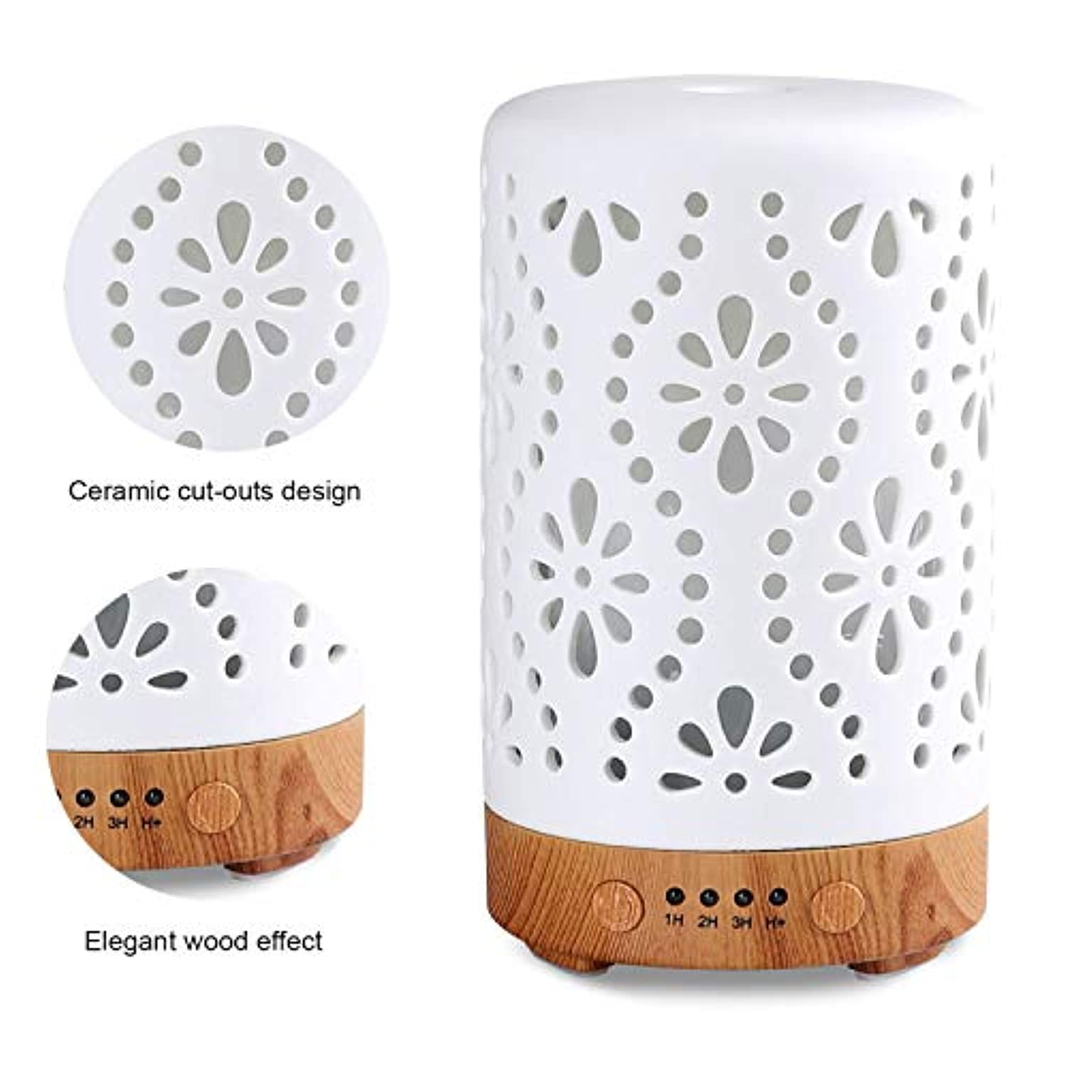 Difusor de aceite esencial de MEDELIKE, difusor de cerámica blanco de 3.4 fl oz, difusor de aromaterapia con 4 temporizadores, humidificador de niebla de cerámica fría con protección de apagado automático sin agua (chispa)