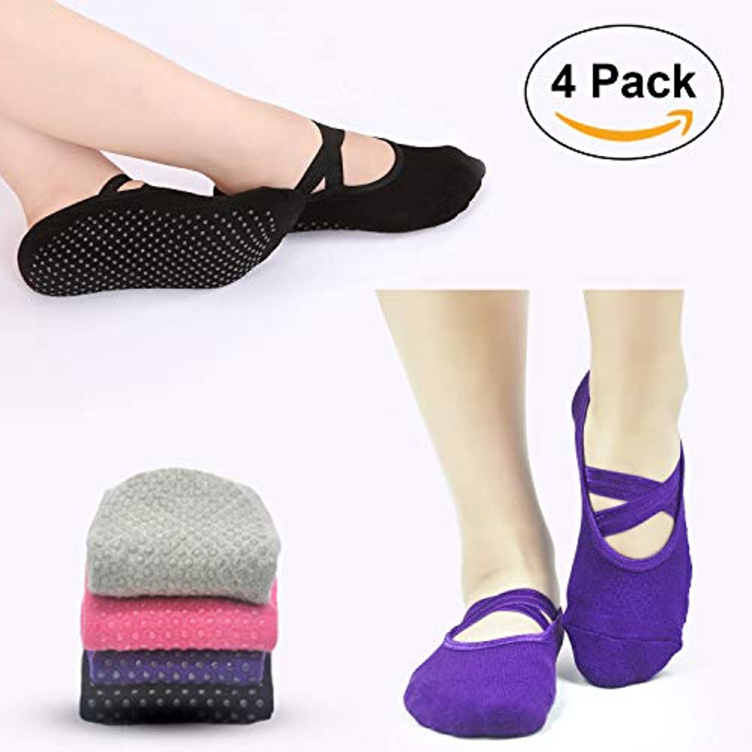 Sticky Pilates Barre Calcetines de yoga – Elutong 4 unidades antideslizantes antideslizantes con puños calcetines de ballet danza para mujer