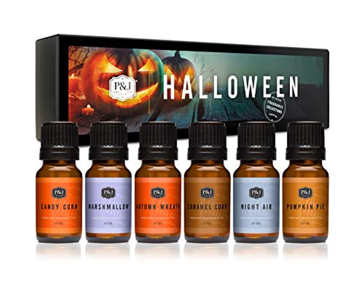 Juego de 6 aceites aromáticos de grado premium para Halloween, corona de otoño, pastel de calabaza, maíz de caramelo, malvavisco, aire nocturno, maíz de caramelo