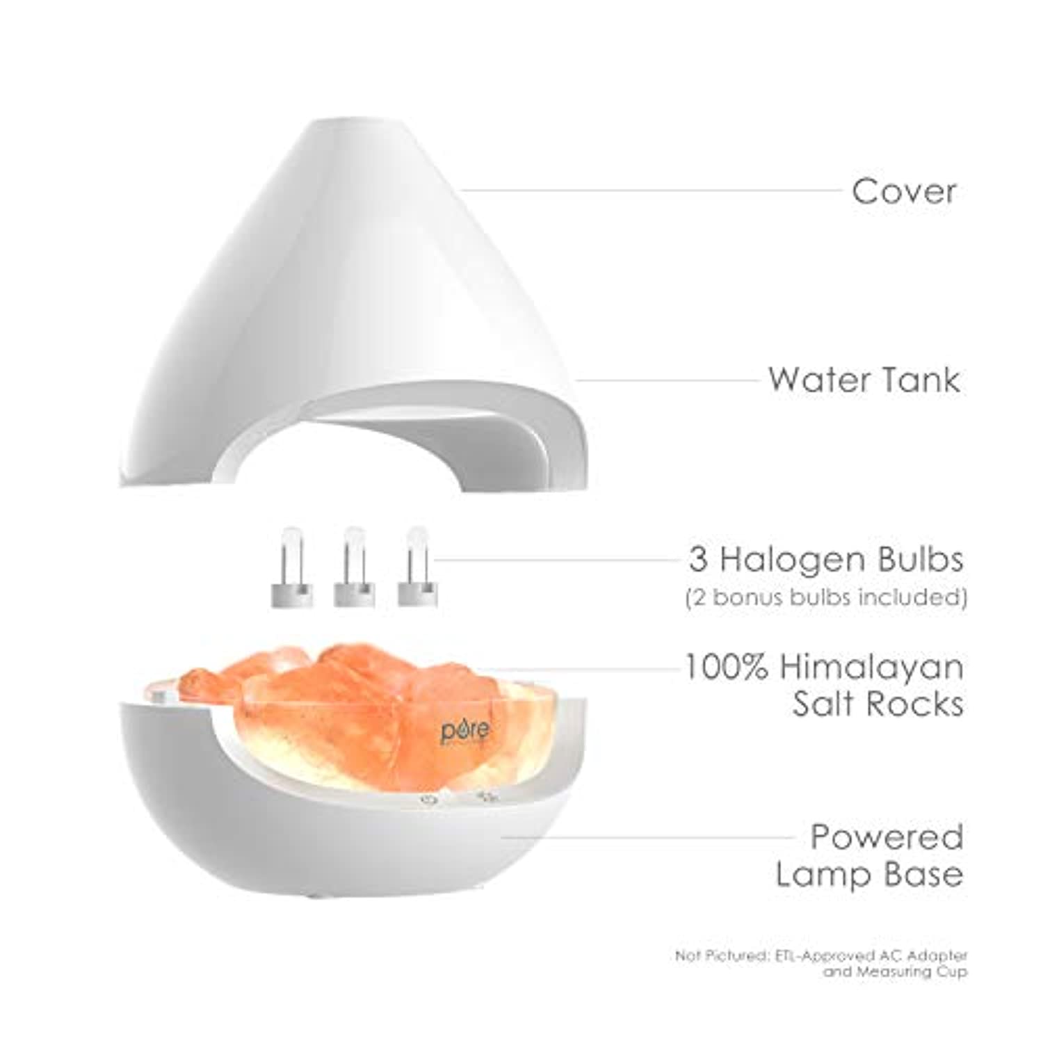 Pure Enrichment PureGlow Crystal - Lámpara de sal 2 en 1 de Himalaya y difusor de aceite esencial ultrasónico con casquillos de sal de Himalaya 100% puros, 3 bombillas halógenas y 5 ajustes de luz hechos a mano