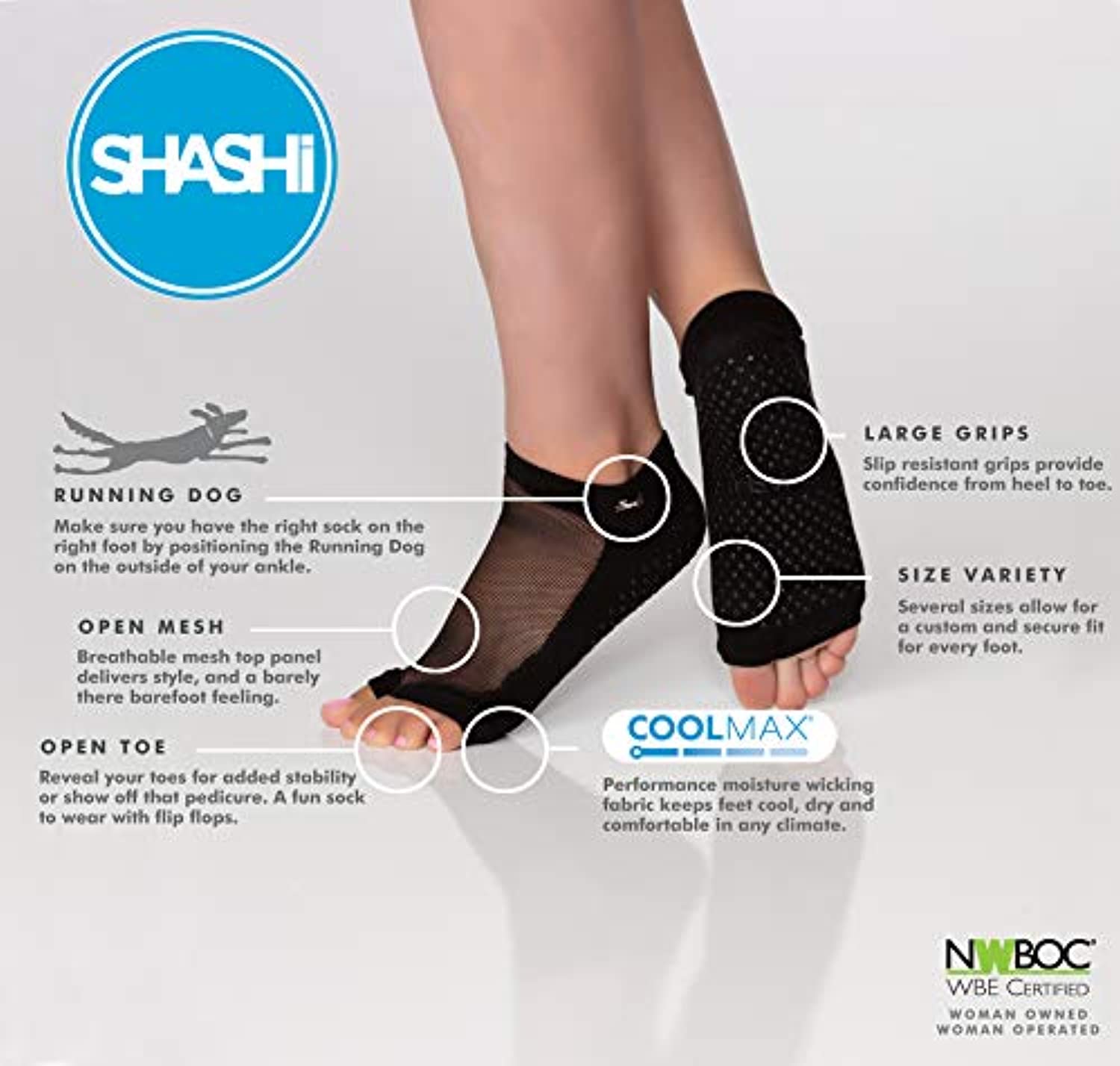 Shashi Classic - Calcetines de malla para mujer, con puntera abierta, antideslizantes, para pilates, yoga