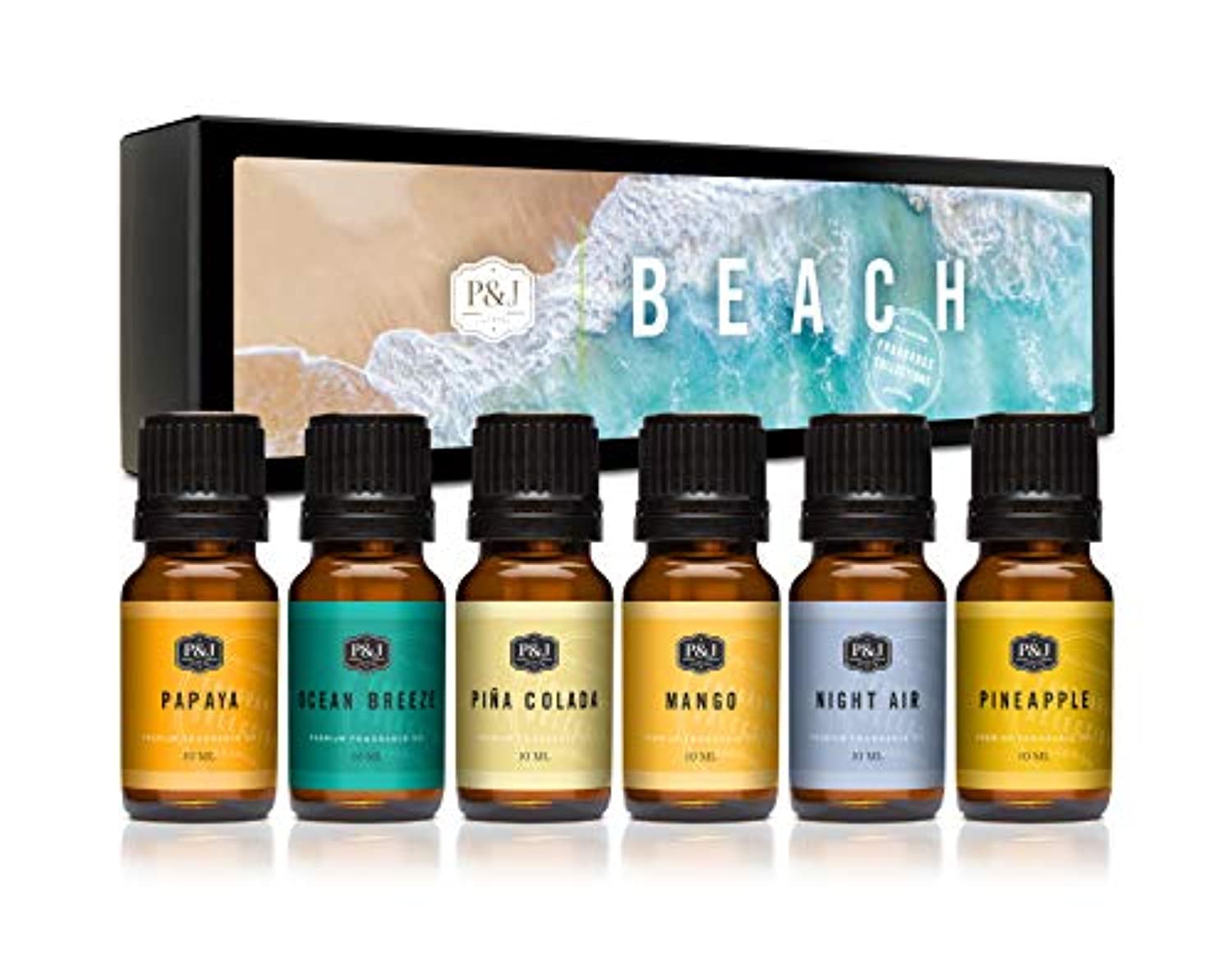 Juego de 6 aceites de fragancia de calidad prémium: brisa oceánica, papaya, pina, colada, mango, piña y aire nocturno.