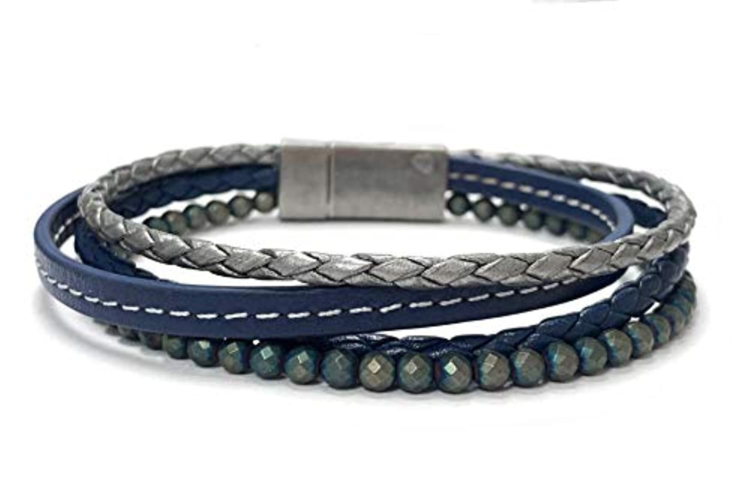 Spartan - Pulsera de cuentas para hombre con cuentas facetadas de hematina multicolor de cuero y acero inoxidable | Se adapta a muñecas de 7 a 8 pulgadas y accesorios para hombre