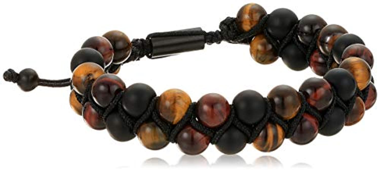 Steve Madden - Pulsera ajustable de doble cuenta con ojo de tigre de imitación marrón para hombre, acero inoxidable chapado en IP negro, color negro