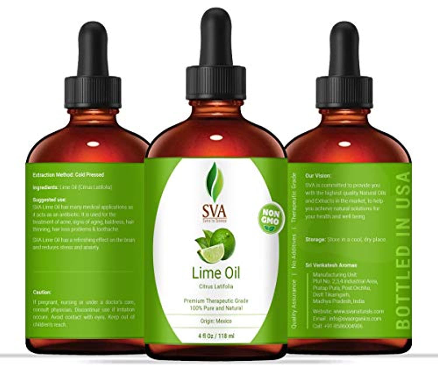 Aceite esencial de lima de SVA Organics. Aceite orgánico 100% puro, sin refinar, de grado terapéutico, perfecto para piel propensa al acné, apriete los poros, purifica el aire, antibacteriano.