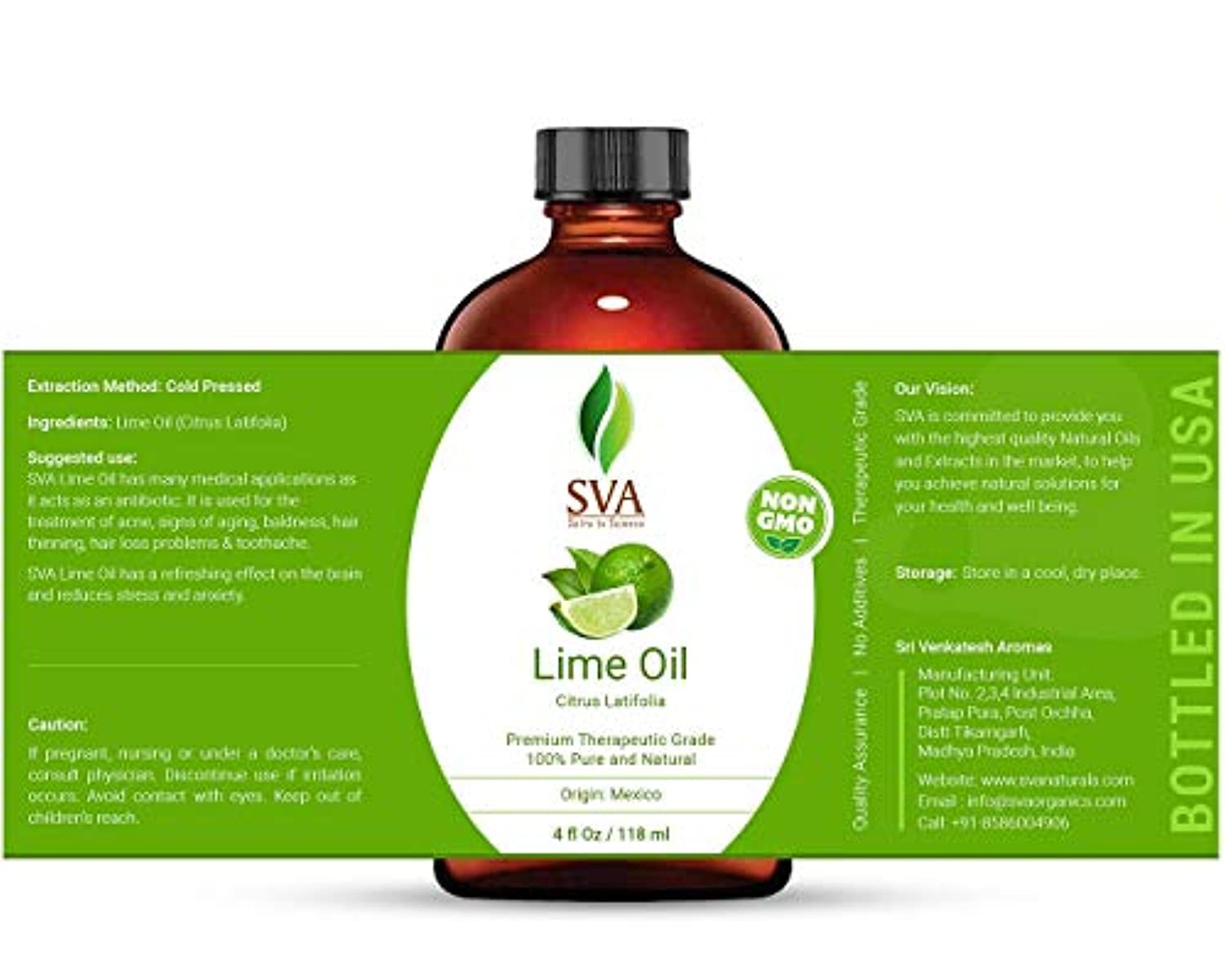 Aceite esencial de lima de SVA Organics. Aceite orgánico 100% puro, sin refinar, de grado terapéutico, perfecto para piel propensa al acné, apriete los poros, purifica el aire, antibacteriano.