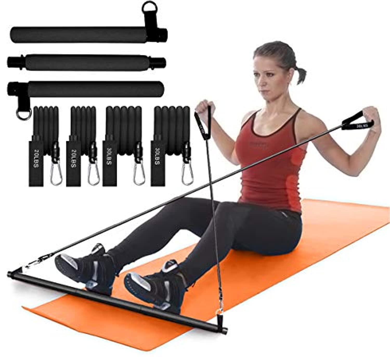 Barra de pilates con 2 juegos de bandas de resistencia (20 libras y 30 libras) con trabillas para los pies, portátil, compacto, 3 secciones de palillo | Total de cuerpo/gimnasio en casa | yoga, fitness, tonificación, estiramiento