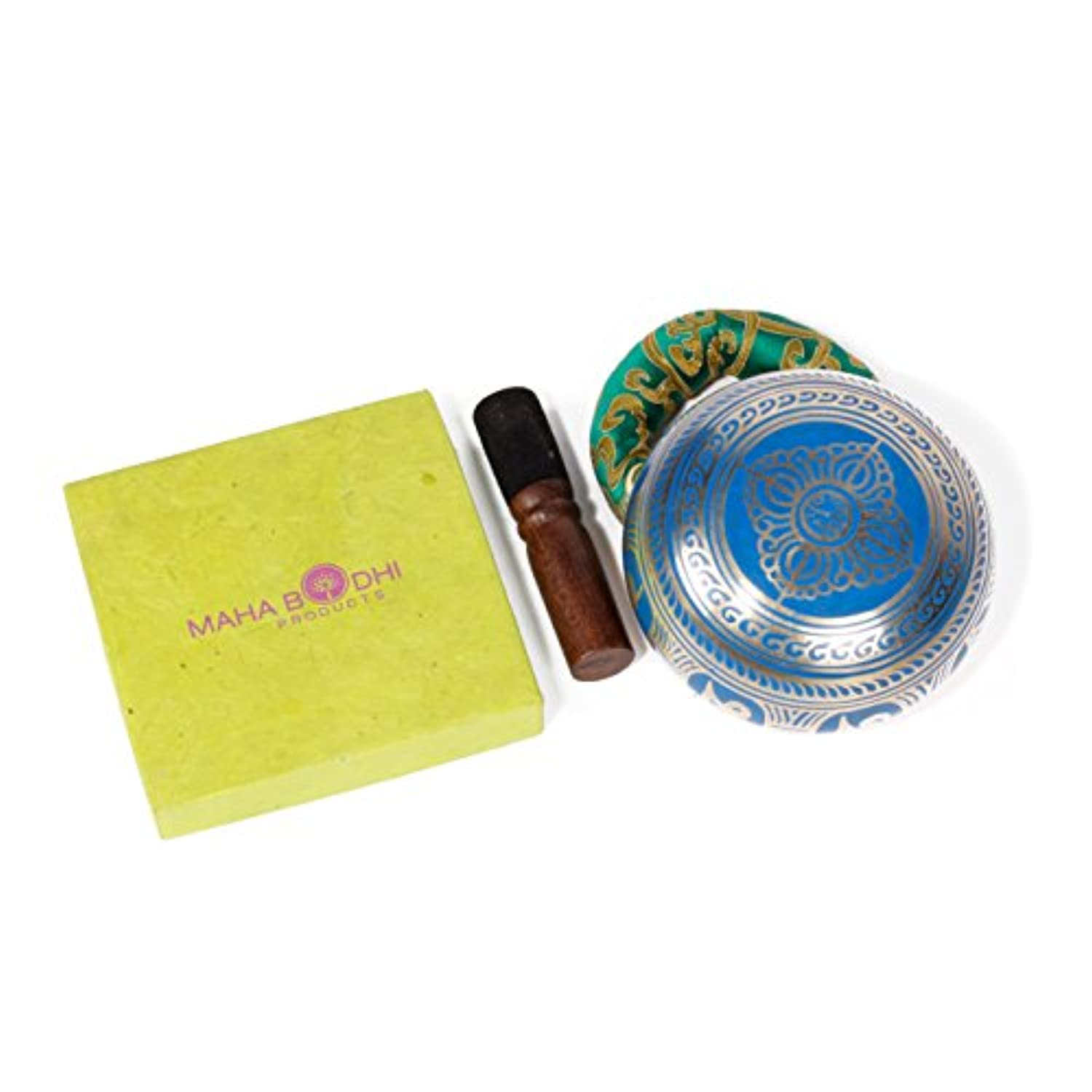 Juego de cuencos tibetanos, diseño azul fresco, maha bodhi, 4.7 in de ancho, auténtico gong de meditación para relajación y curación de chakras, totalmente tallado a mano, regalo perfecto