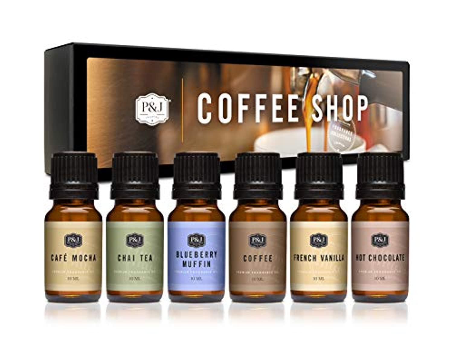 Coffee Shop - Juego de 6 aceites aromáticos de grado premium (0.3 fl oz), aroma a café, café moca, té Chai, chocolate caliente, magdalena de arándano, vainilla francesa