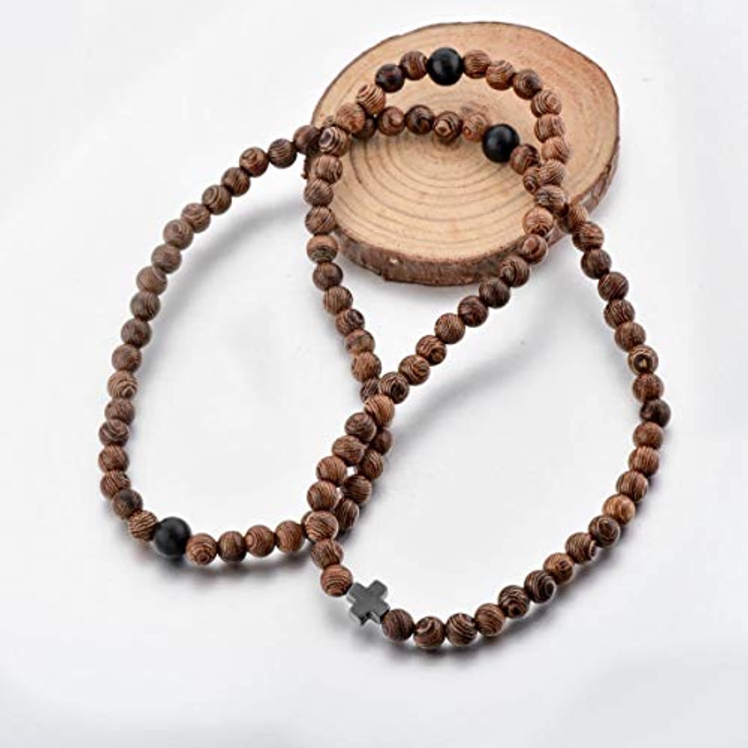 Pulsera de cuerda de oración cristiana – mujeres hombres niños – 100 madera + 3 perlas negras y cruz – 0.236 in madera 100