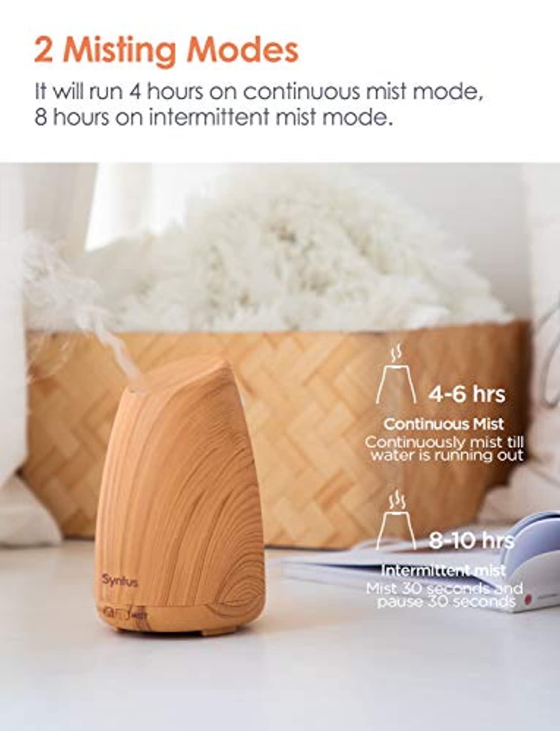 Syntus Difusor de aceite esencial de 5.1 fl oz, difusor ultrasónico de grano de madera con modo de niebla ajustable y apagado automático sin agua para oficina en casa