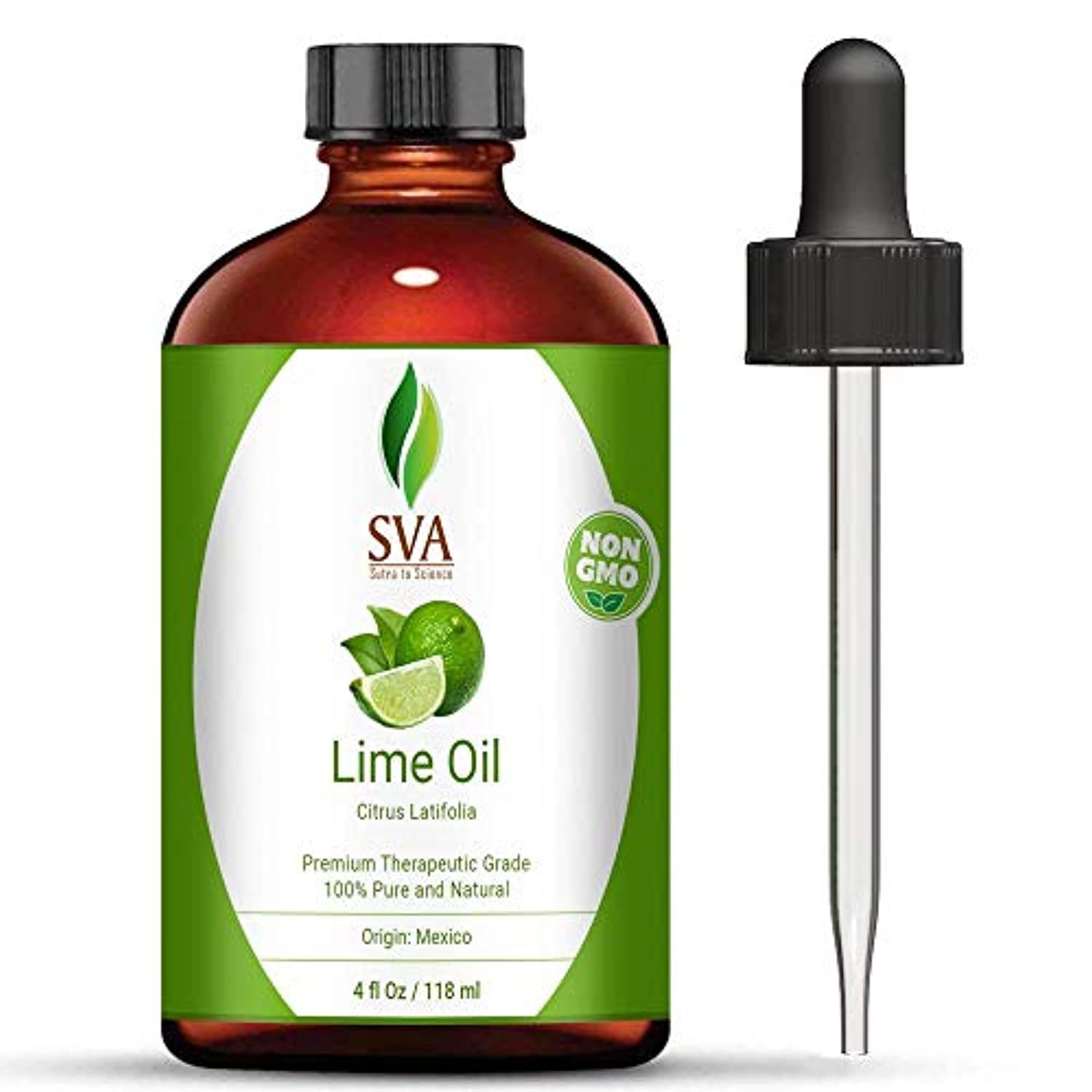 Aceite esencial de lima de SVA Organics. Aceite orgánico 100% puro, sin refinar, de grado terapéutico, perfecto para piel propensa al acné, apriete los poros, purifica el aire, antibacteriano.