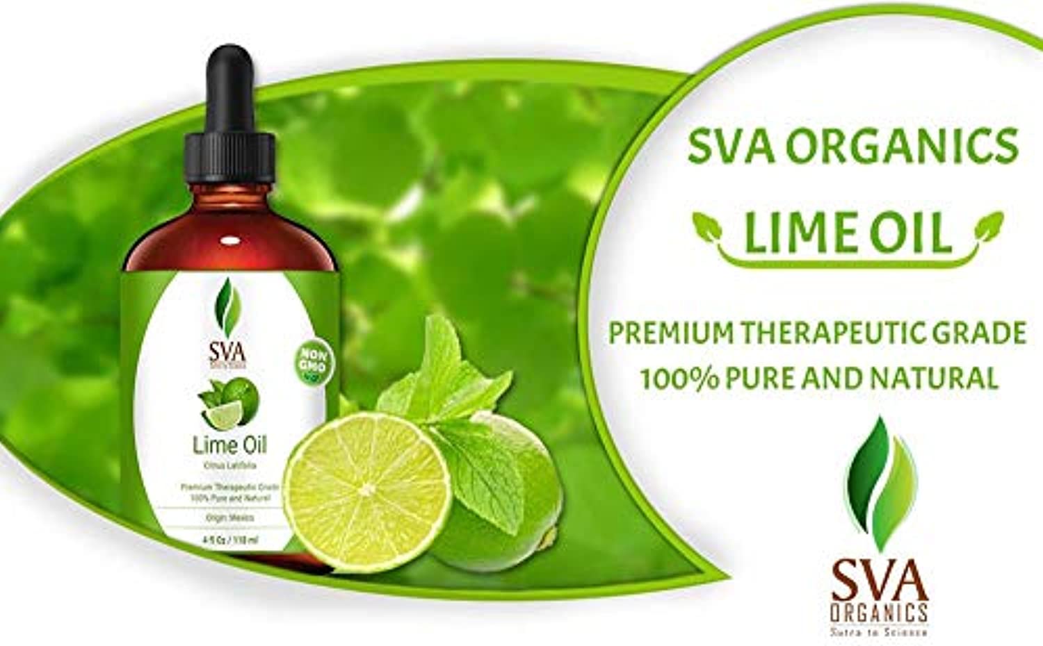 Aceite esencial de lima de SVA Organics. Aceite orgánico 100% puro, sin refinar, de grado terapéutico, perfecto para piel propensa al acné, apriete los poros, purifica el aire, antibacteriano.