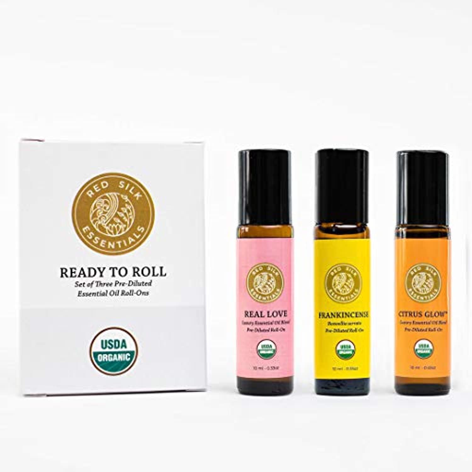 Red Silk Essentials USDA Organic Essential Oils Roll on Gift Set, Pure Natural Aromatherapy – Real Love, Citrus Glow & Frankincense – 0.3 fl oz