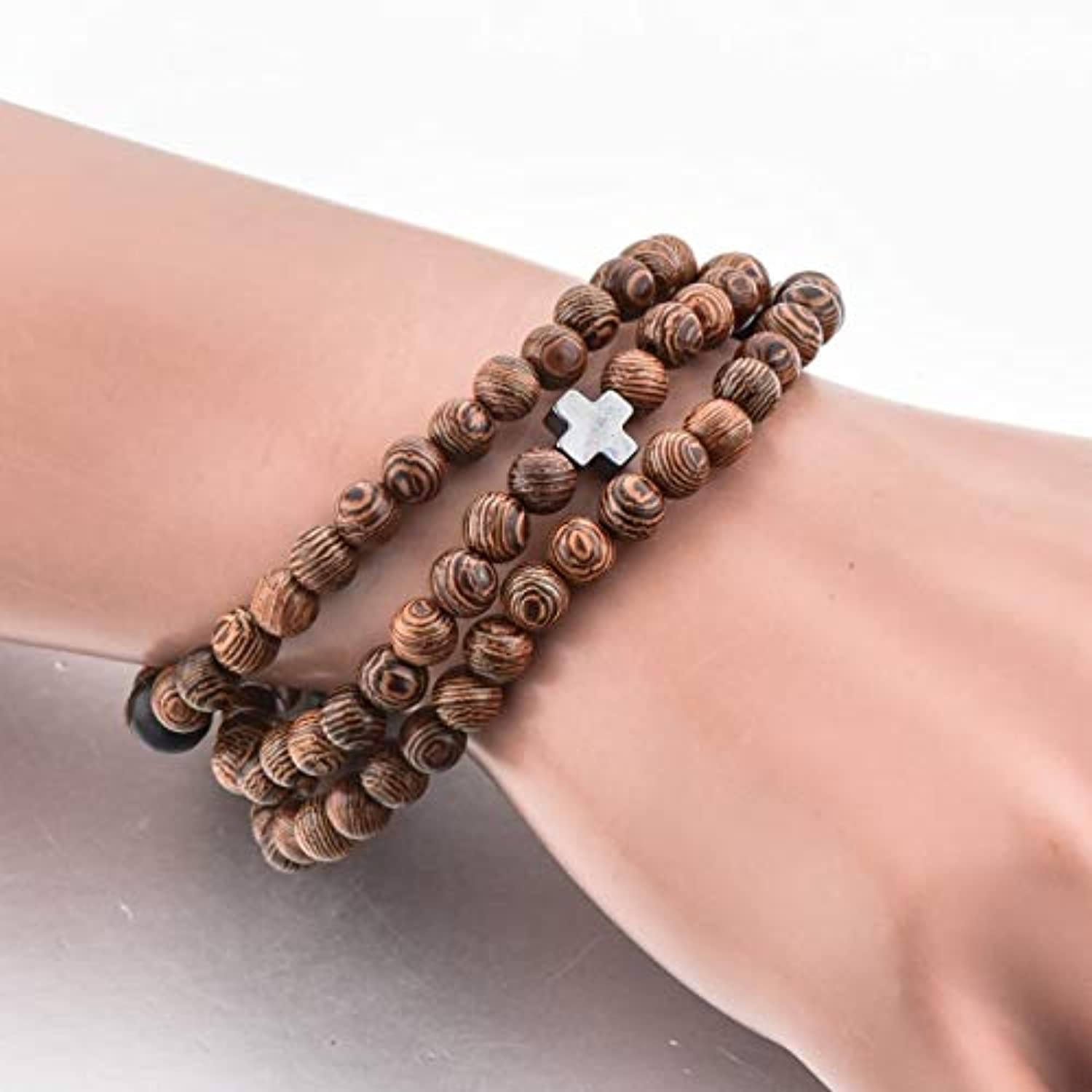 Pulsera de cuerda de oración cristiana – mujeres hombres niños – 100 madera + 3 perlas negras y cruz – 0.236 in madera 100