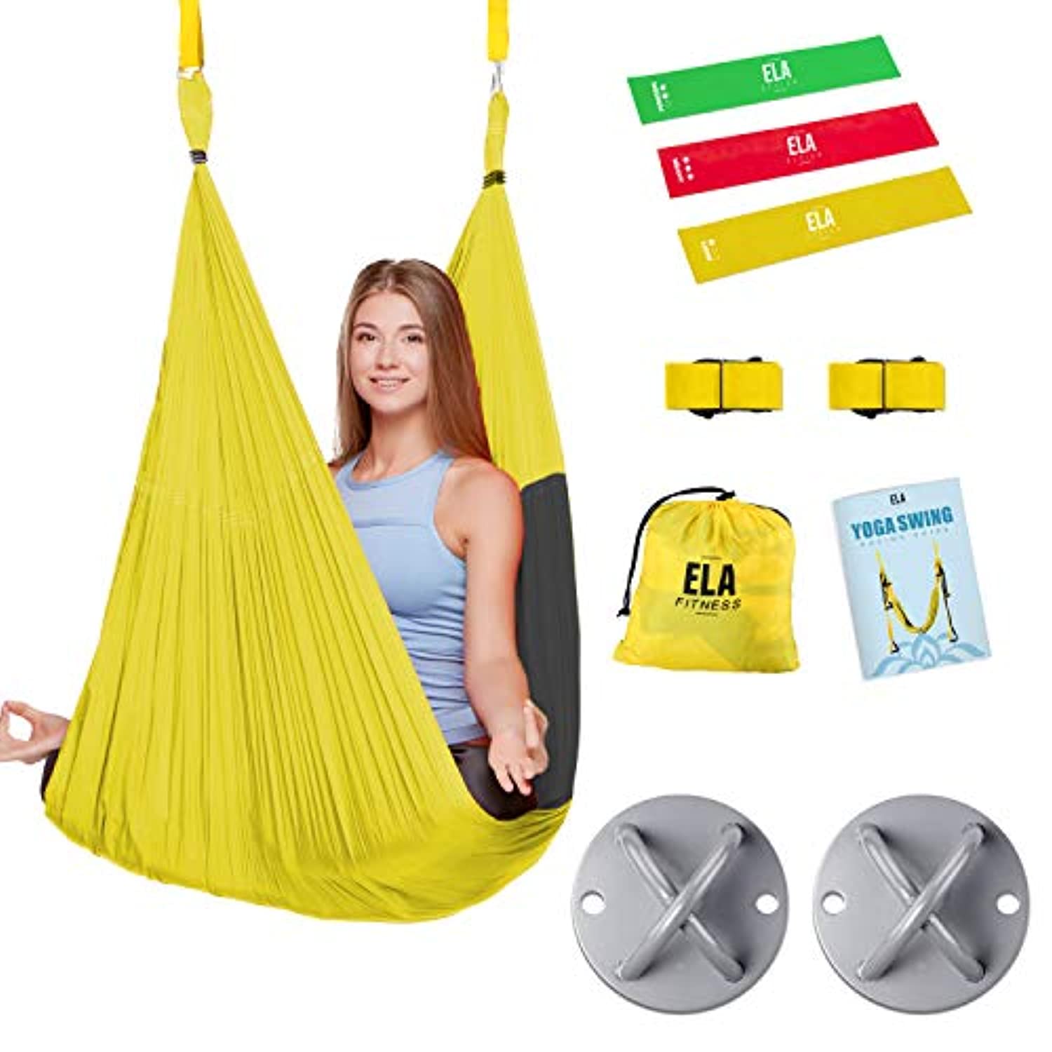 ELA Design Yoga Swing – Kit de entrenamiento para el hogar, hamaca de yoga con 3 bandas de resistencia (con soportes de techo)