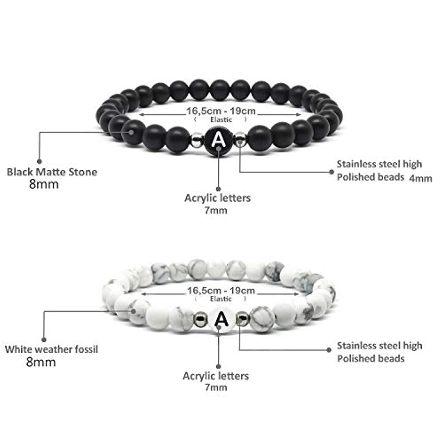 FIBO STEEL - Juego de 2 pulseras de cuentas iniciales para hombres y mujeres, pareja personalizada, novios, novias, regalos y pulseras elásticas