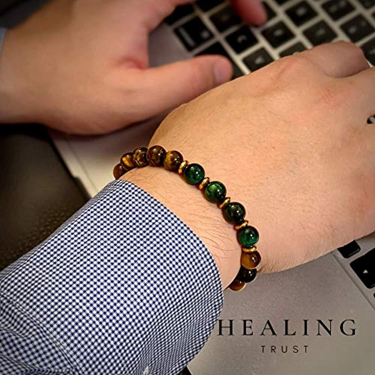 Pulsera de ojo de tigre marrón para hombres y mujeres + ojo de tigre verde, espaciadores de hematites dorados, 100% riqueza prosperidad suerte empresarial, pulseras curativas para hombres y mujeres